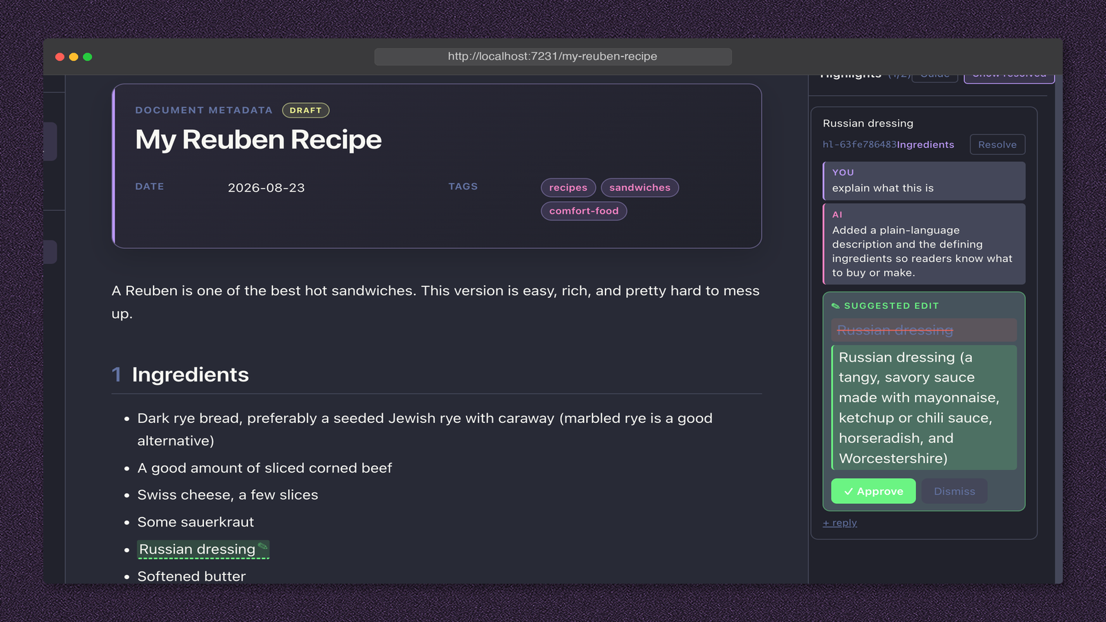 The first suggested edit returned by the agent