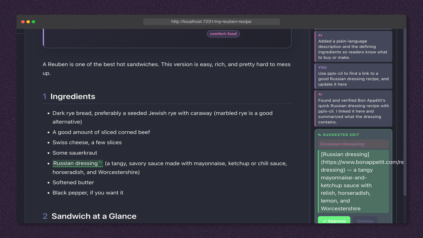A linked suggested edit with approve and dismiss controls